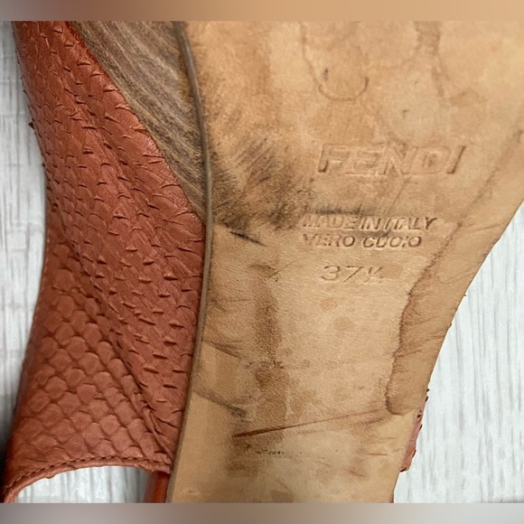 Fendi Logo Orange Skin Platform Slingback Heels Sandals Stilettos Size 37.7 7.5 - Picture 8 of 8